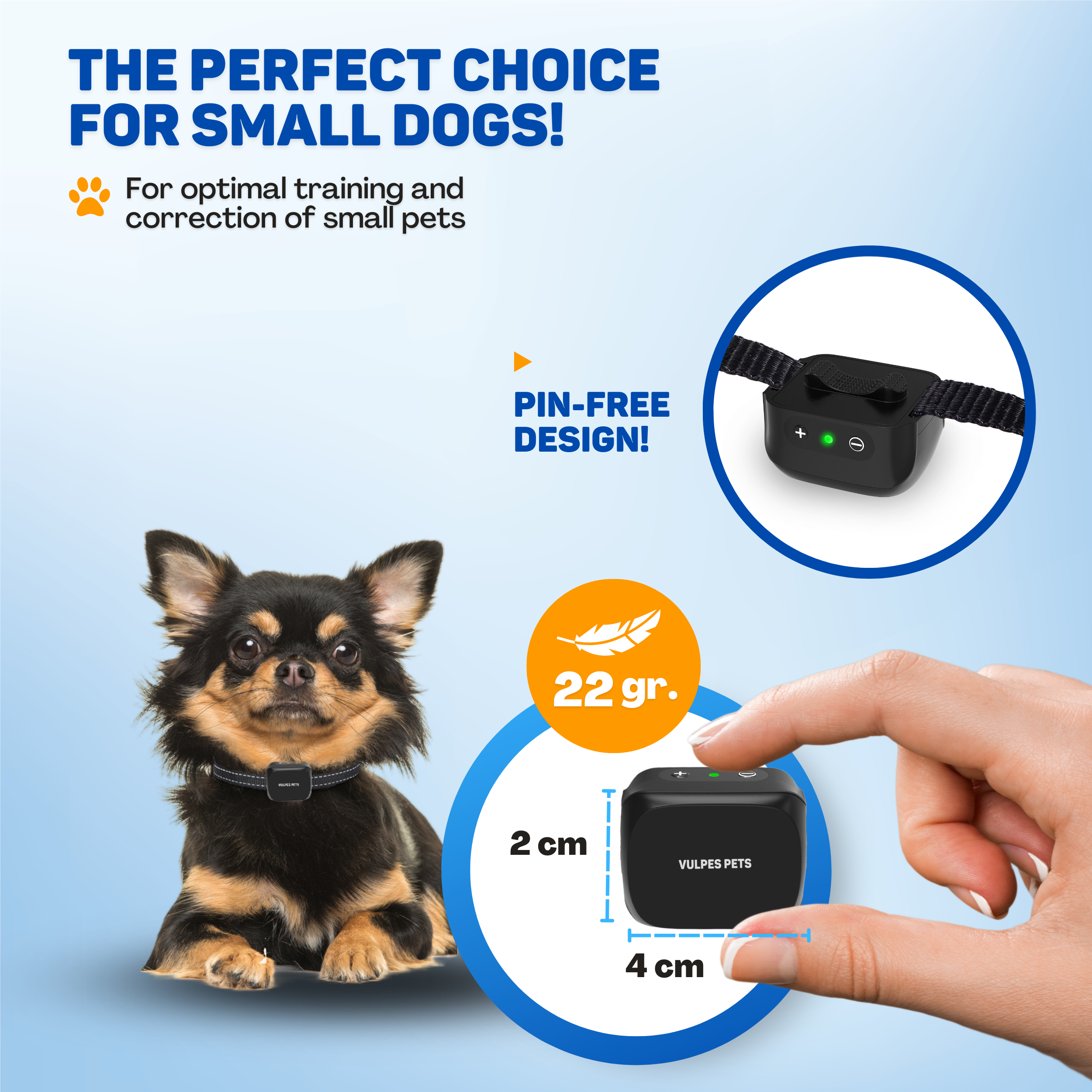 A small dog wears a collar. Next to it, a training collar, 22g, 2x4cm.