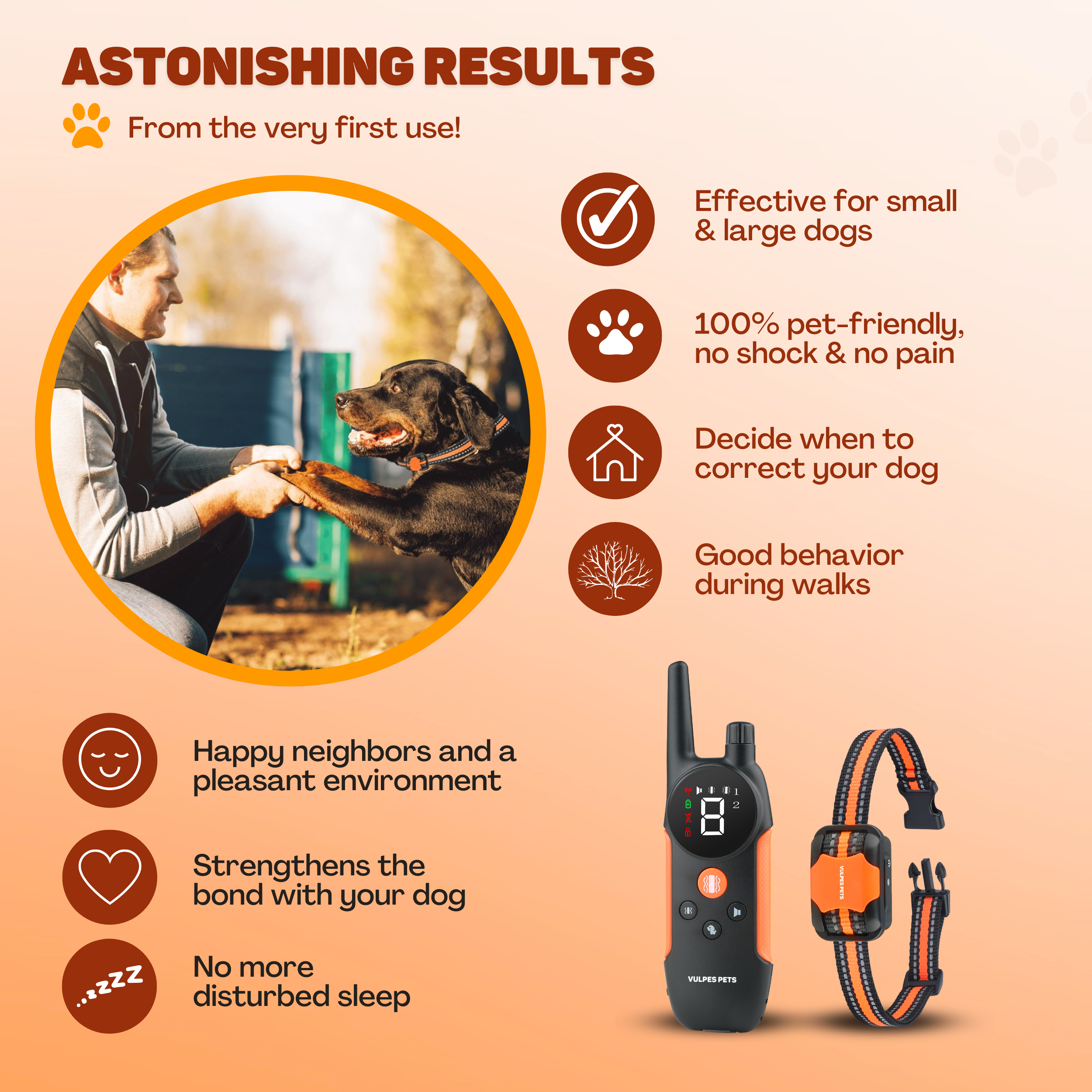 A man trains a dog giving paw. Dog training device with collar displayed.