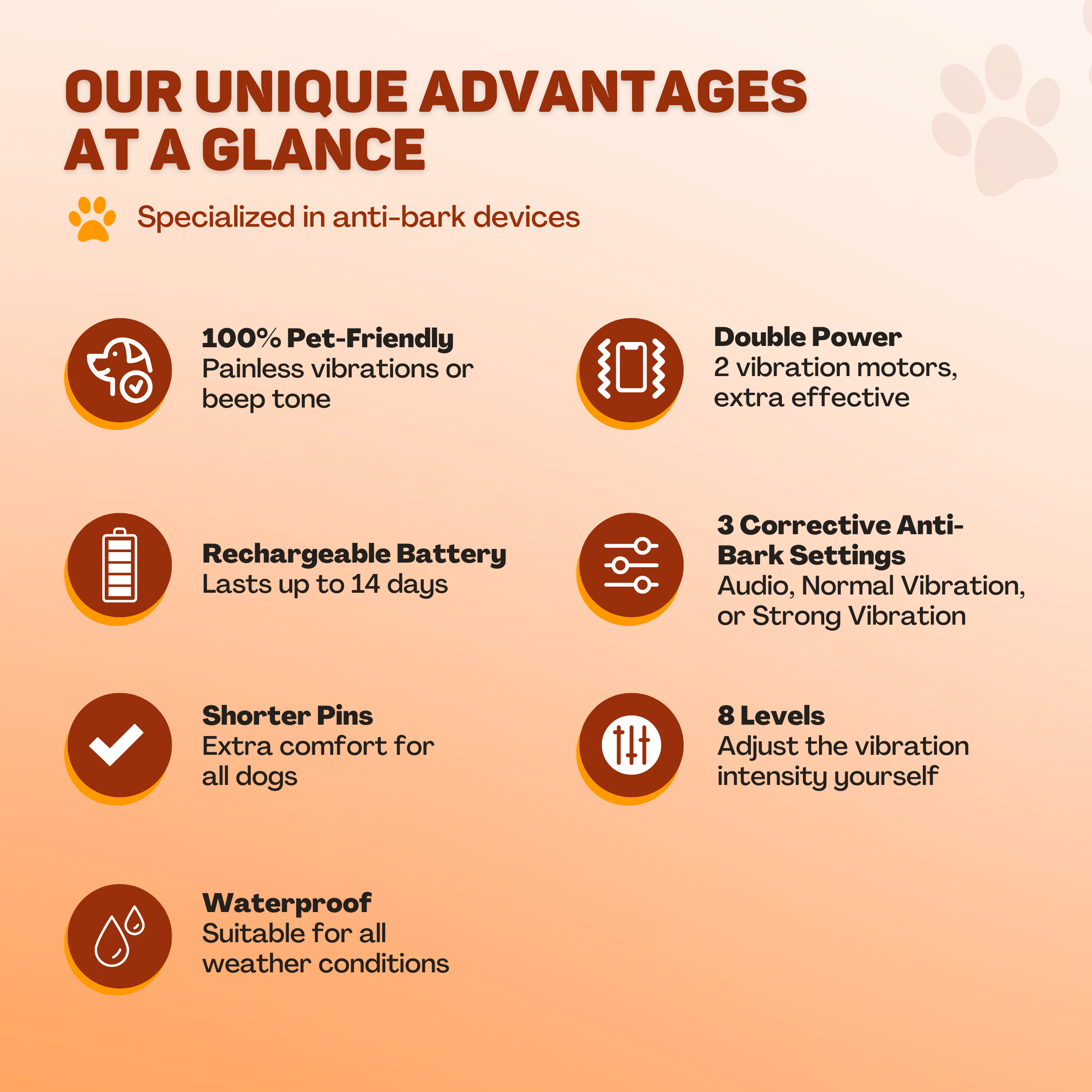 Advantages at a glance: Pet-friendly, Rechargeable, Short Pins, Waterproof. Double power, 3 modes, 8 levels.