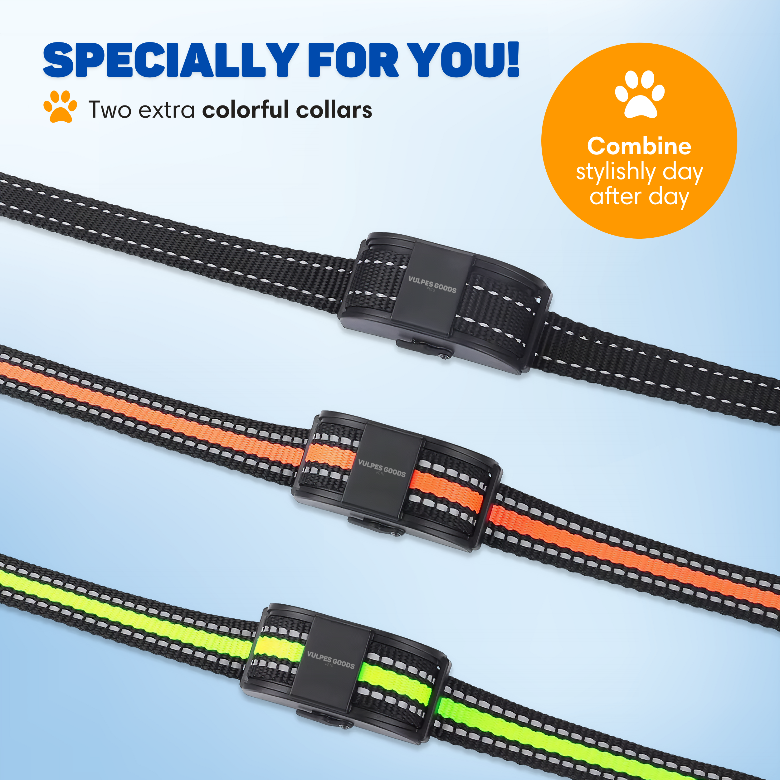 Three dog collars in black, orange, and neon green with reflective stripes.