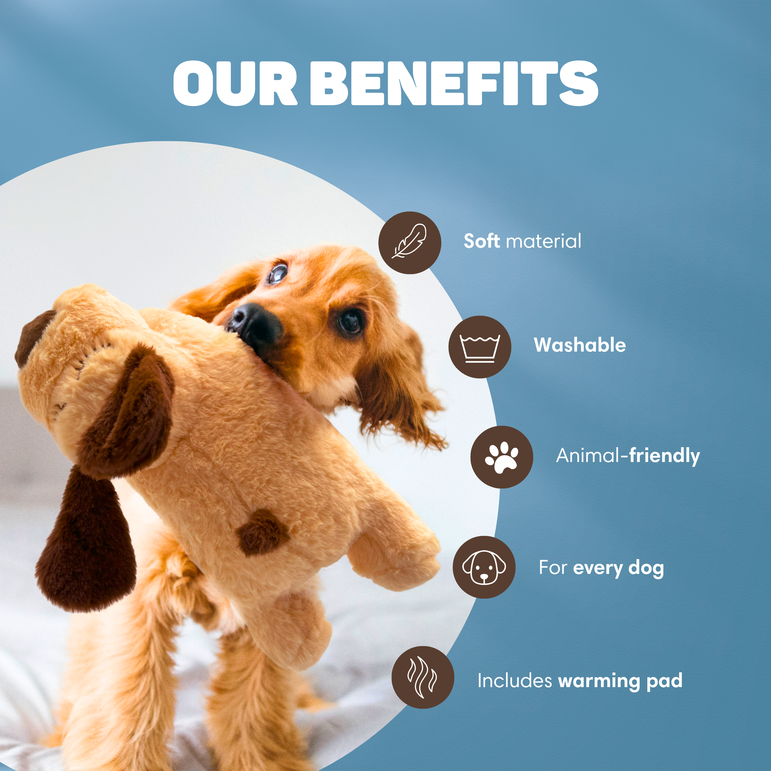 A dog plays with a brown plush toy.