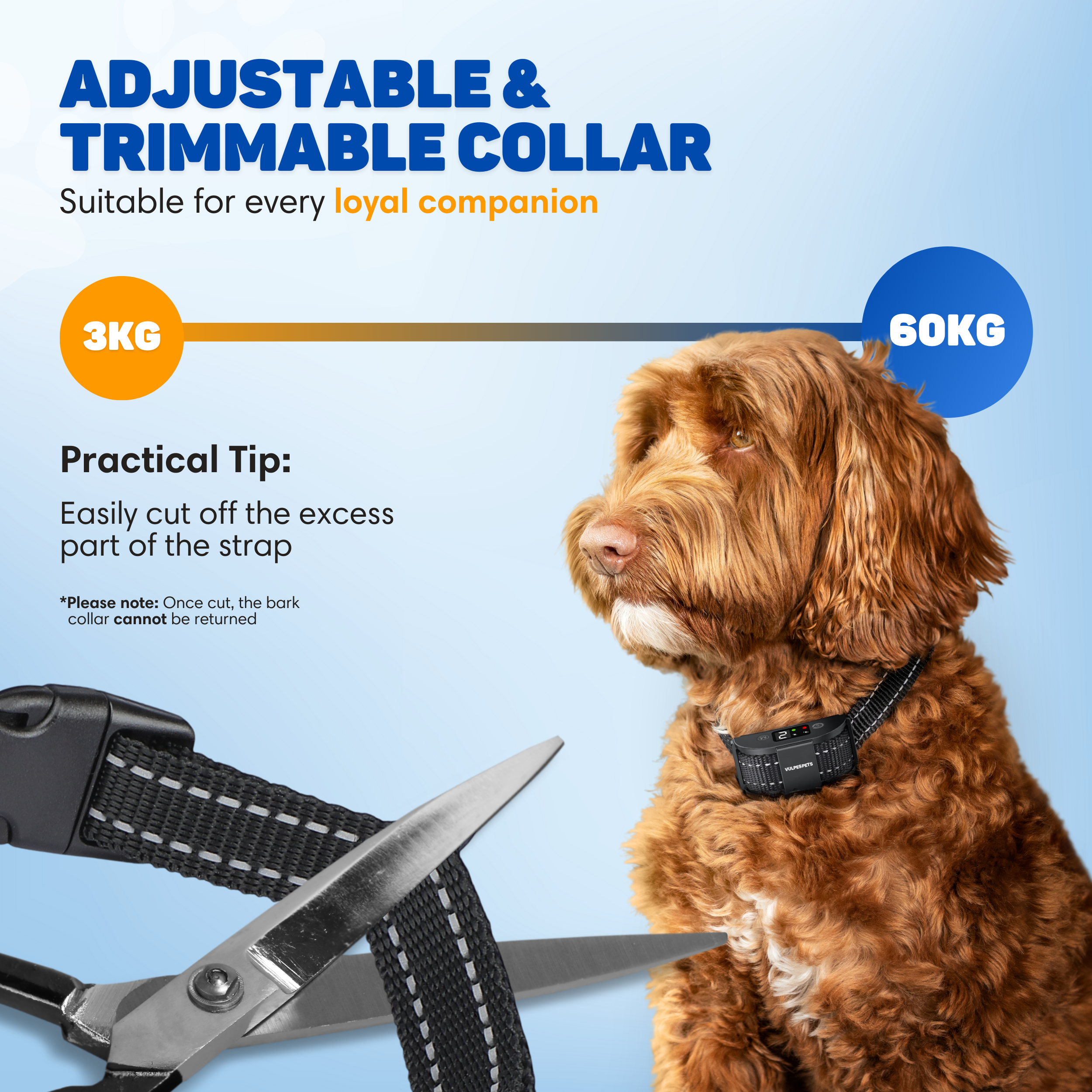 Dog with adjustable collar, scissors cutting strap. 3kg-60kg.