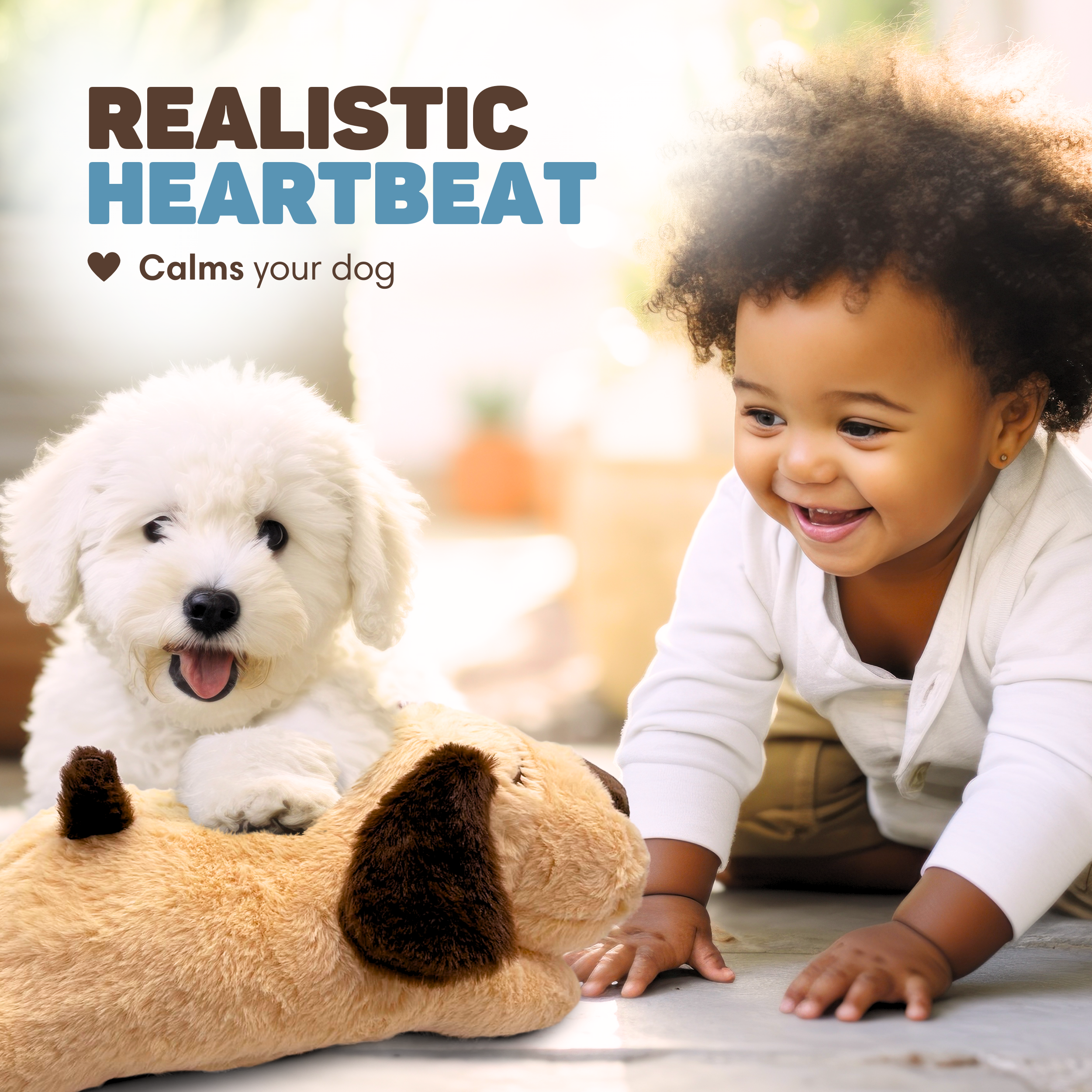 A baby and a white dog play with a plush dog toy.