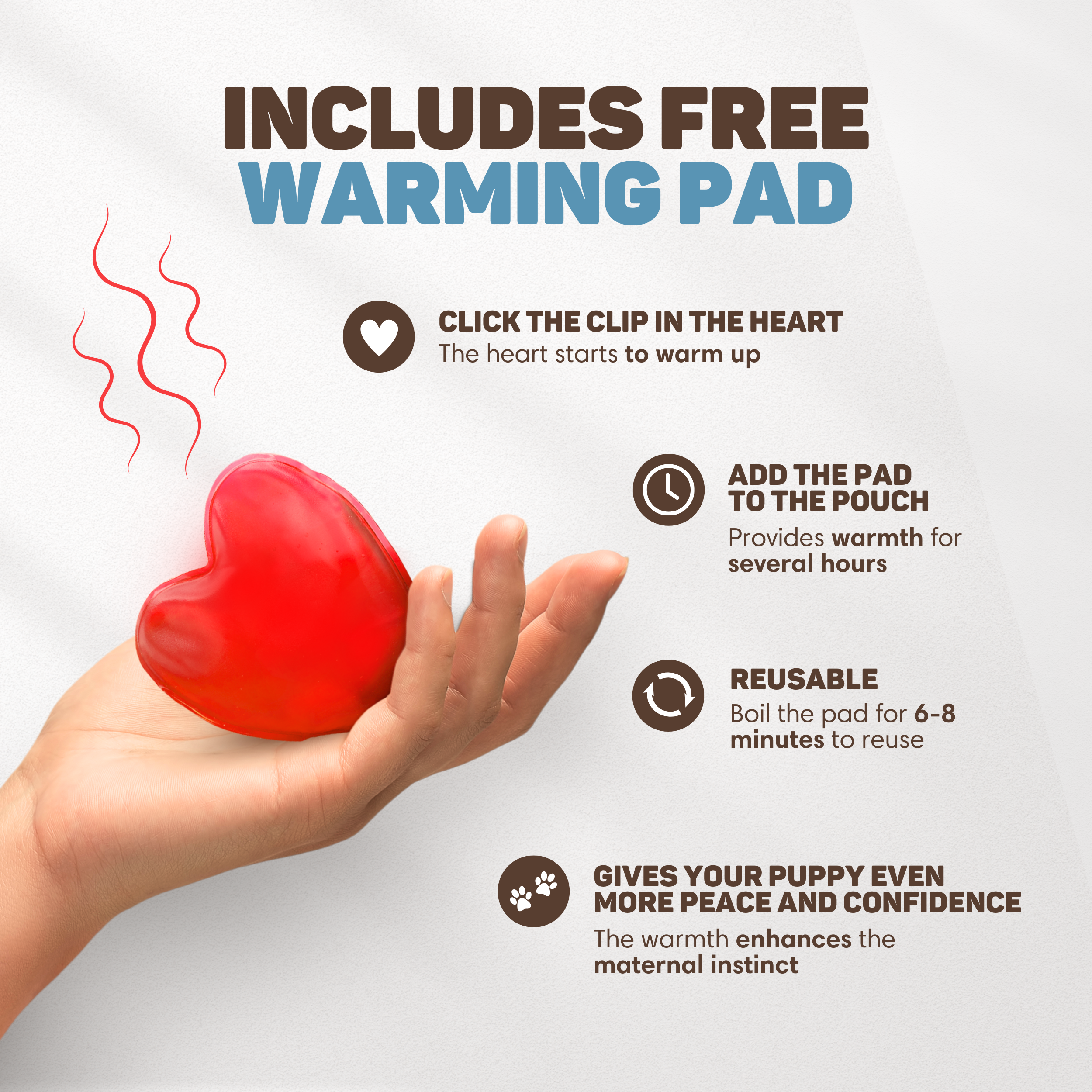 Hand holding a red heart warming pad. Text explains usage.
