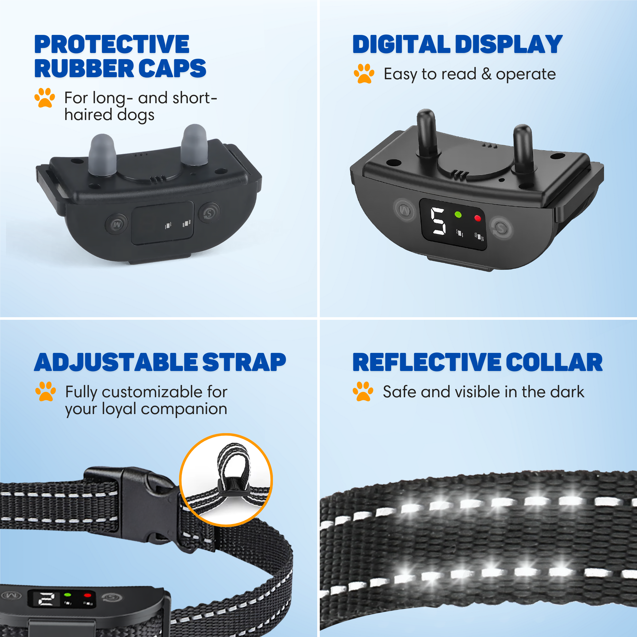 Four images: Dog collar with protective caps, digital display, adjustable strap, and reflective collar.
