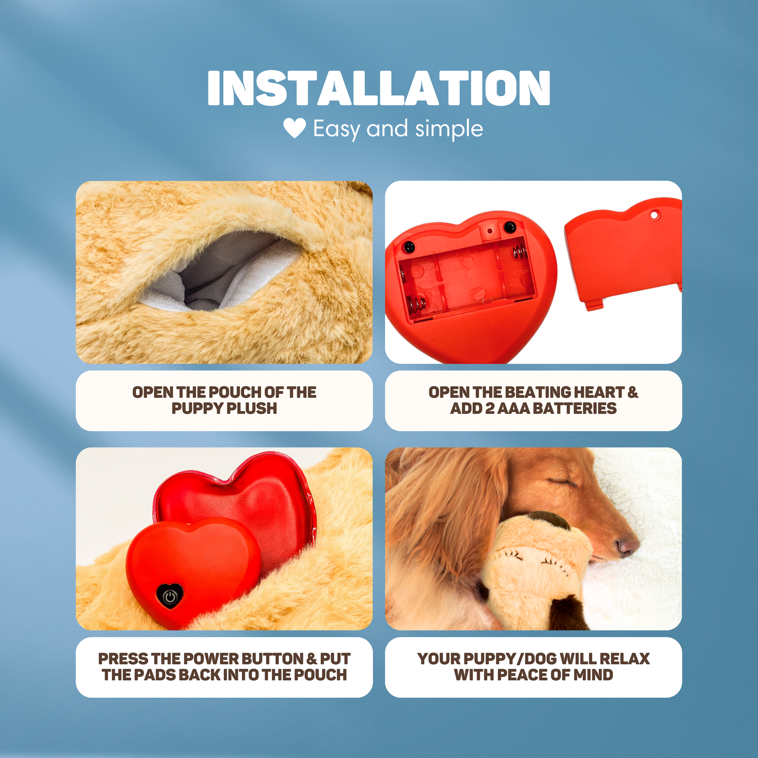Installation steps: Open plush, add batteries to heart, press button, place in pouch.