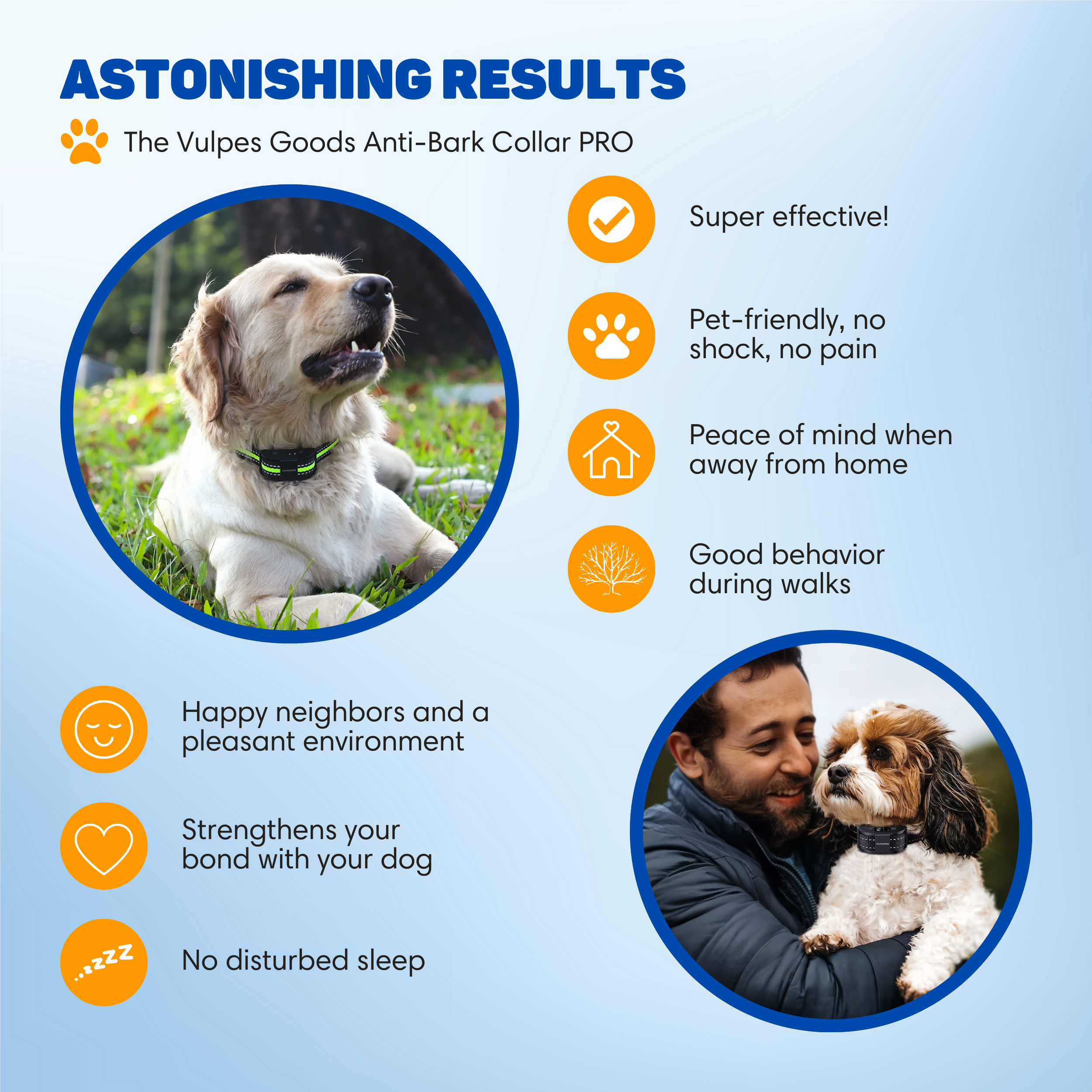A Golden Retriever and a small dog wear collars. Text highlights benefits.