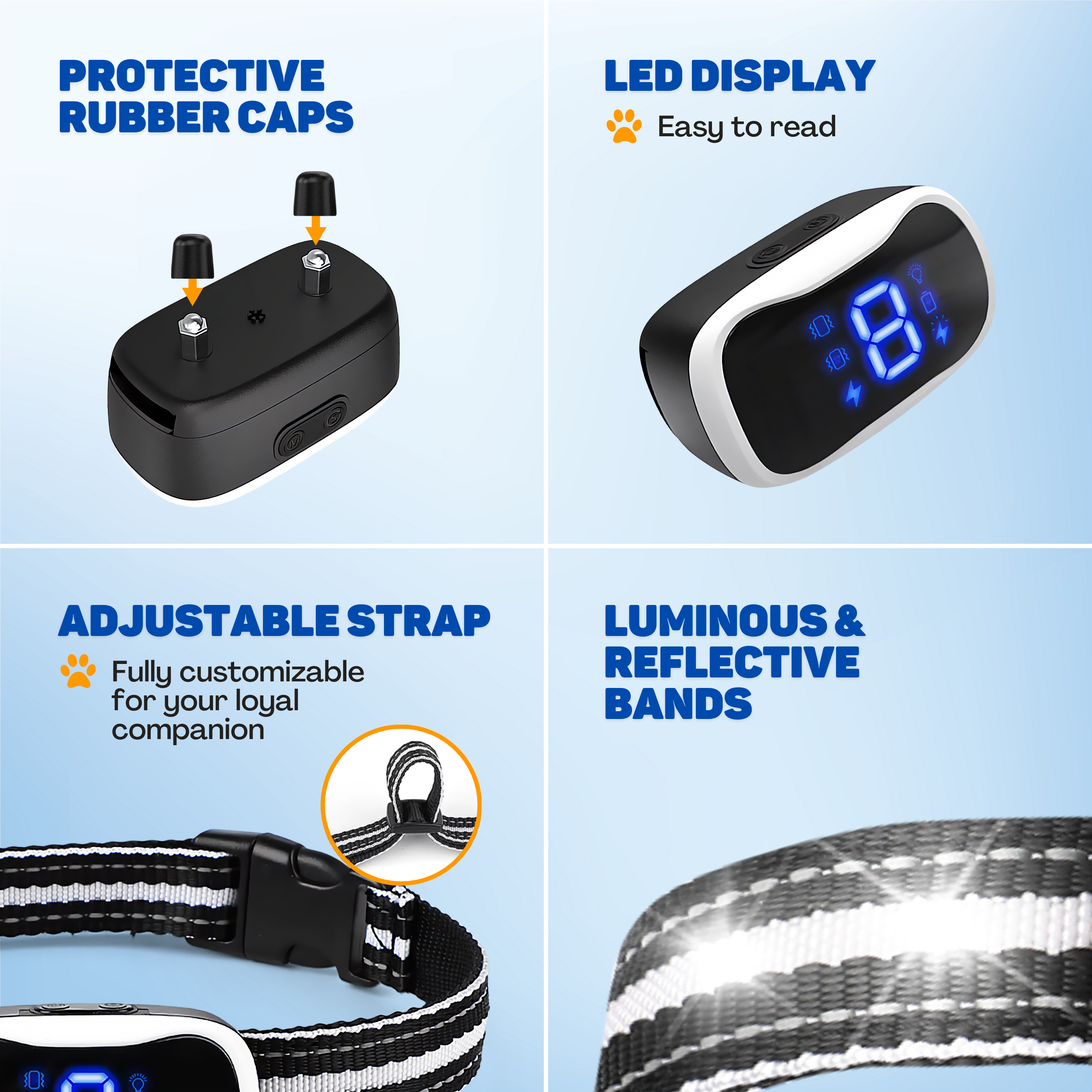 Dog collar with protective rubber caps, LED display, adjustable strap.