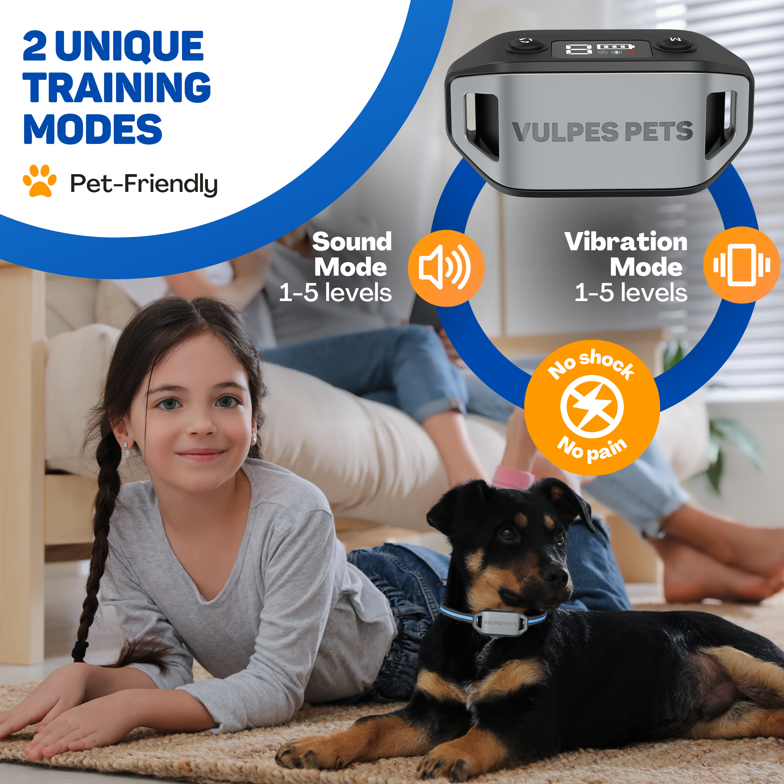 A girl and a dog on a rug, with product information about training modes.