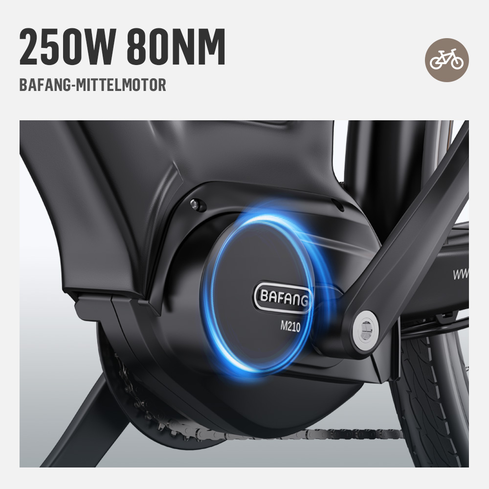 Nahaufnahme eines schwarzen E-Bike-Mittelmotors mit blauem Leuchten.