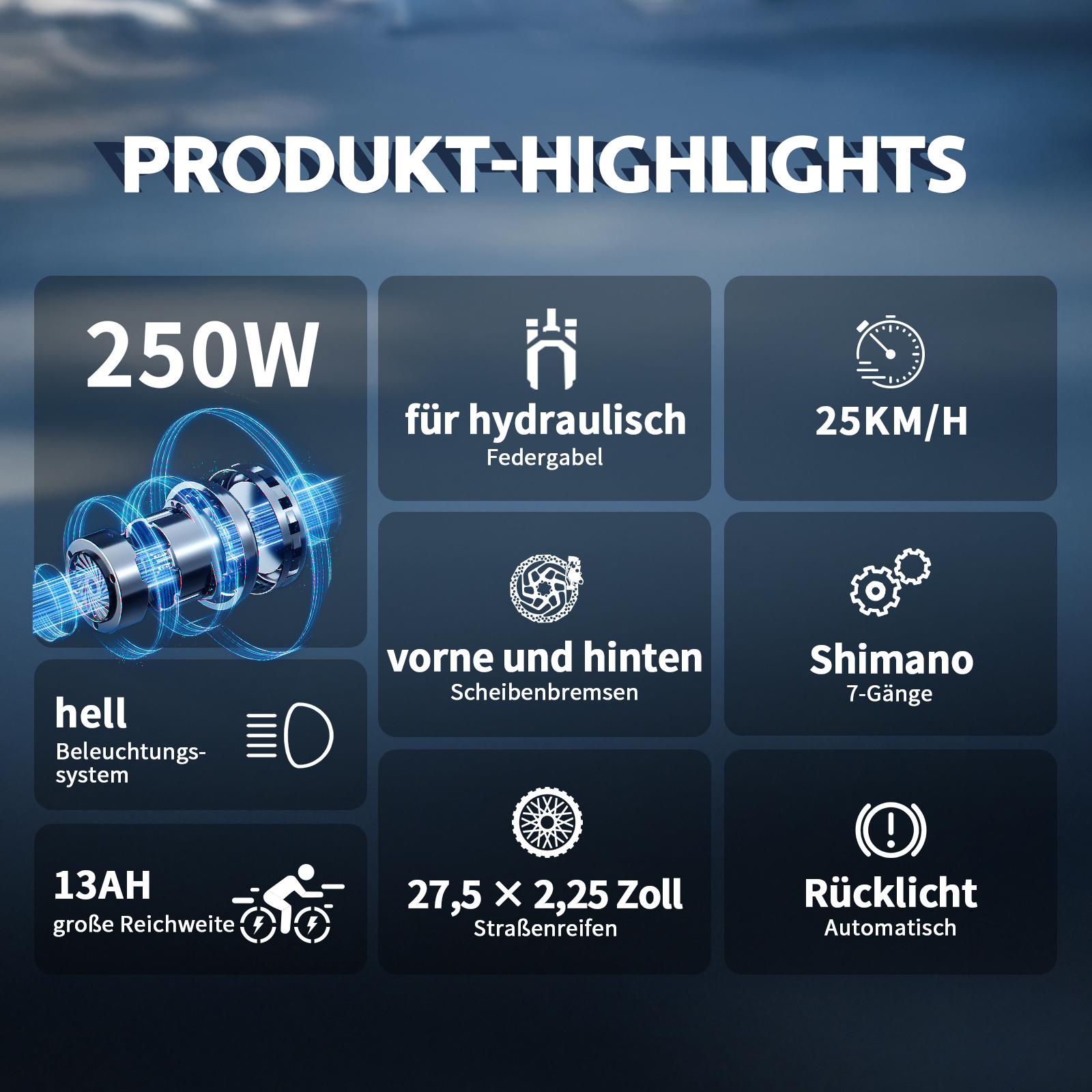 Produkt-Highlights: 250W Motor, hydraulische Gabel, 25 km/h, Licht, Scheibenbremsen, Shimano 7-Gang.