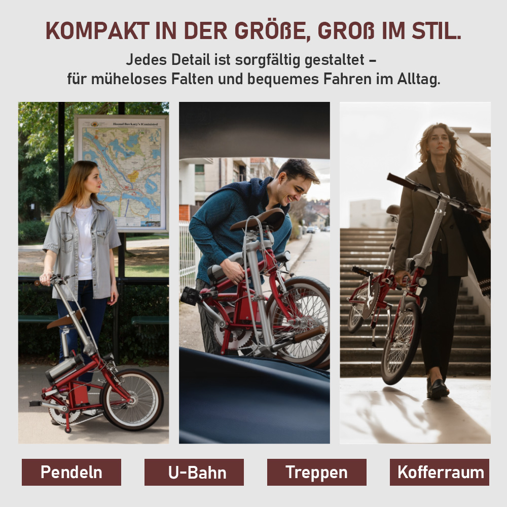Drei Szenen: Frau mit Rad an Karte, Mann faltet Rad, Frau mit Rad auf Treppe.