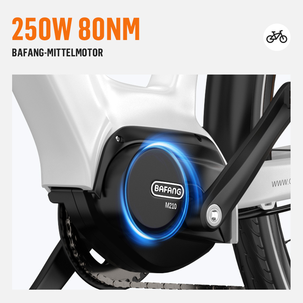 Nahaufnahme eines E-Bike-Mittelmotors von Bafang mit leuchtenden blauen Ringen.