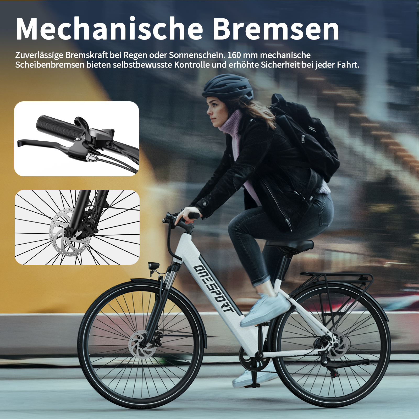 Eine Frau fährt ein weißes E-Bike mit Scheibenbremsen, Nahaufnahmen zeigen die Bremsen.