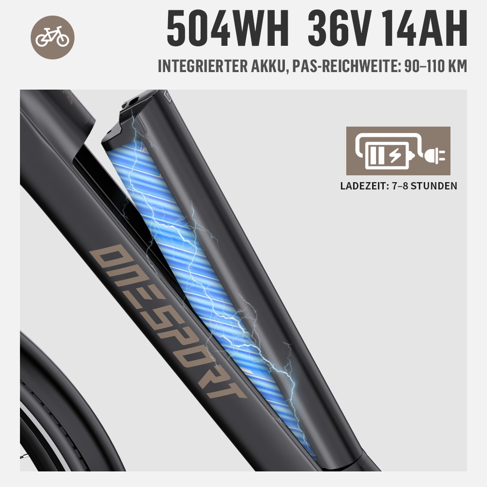 E-Bike Akku mit 504WH, 36V, 14AH. Ladezeit 7-8 Stunden. Reichweite 90-110 km.