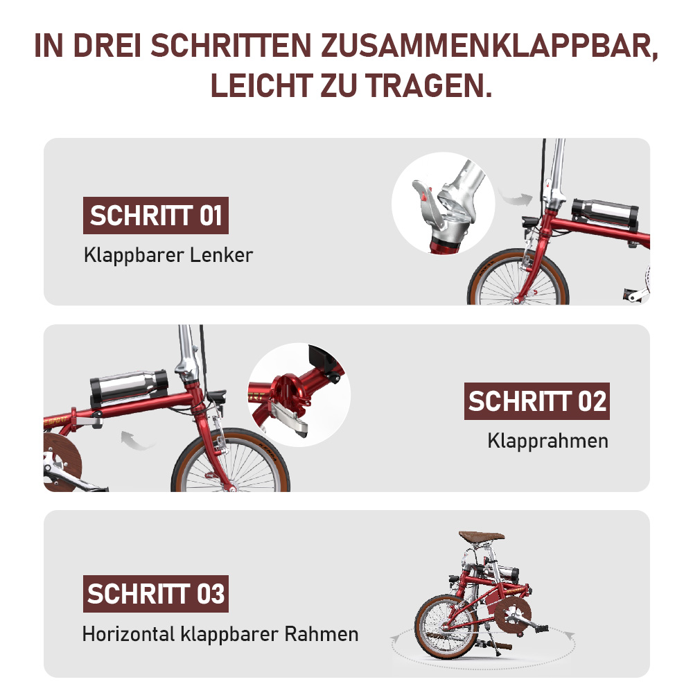 Rotes Faltrad wird in drei Schritten zusammengeklappt: Lenker, Rahmen, horizontaler Rahmen.
