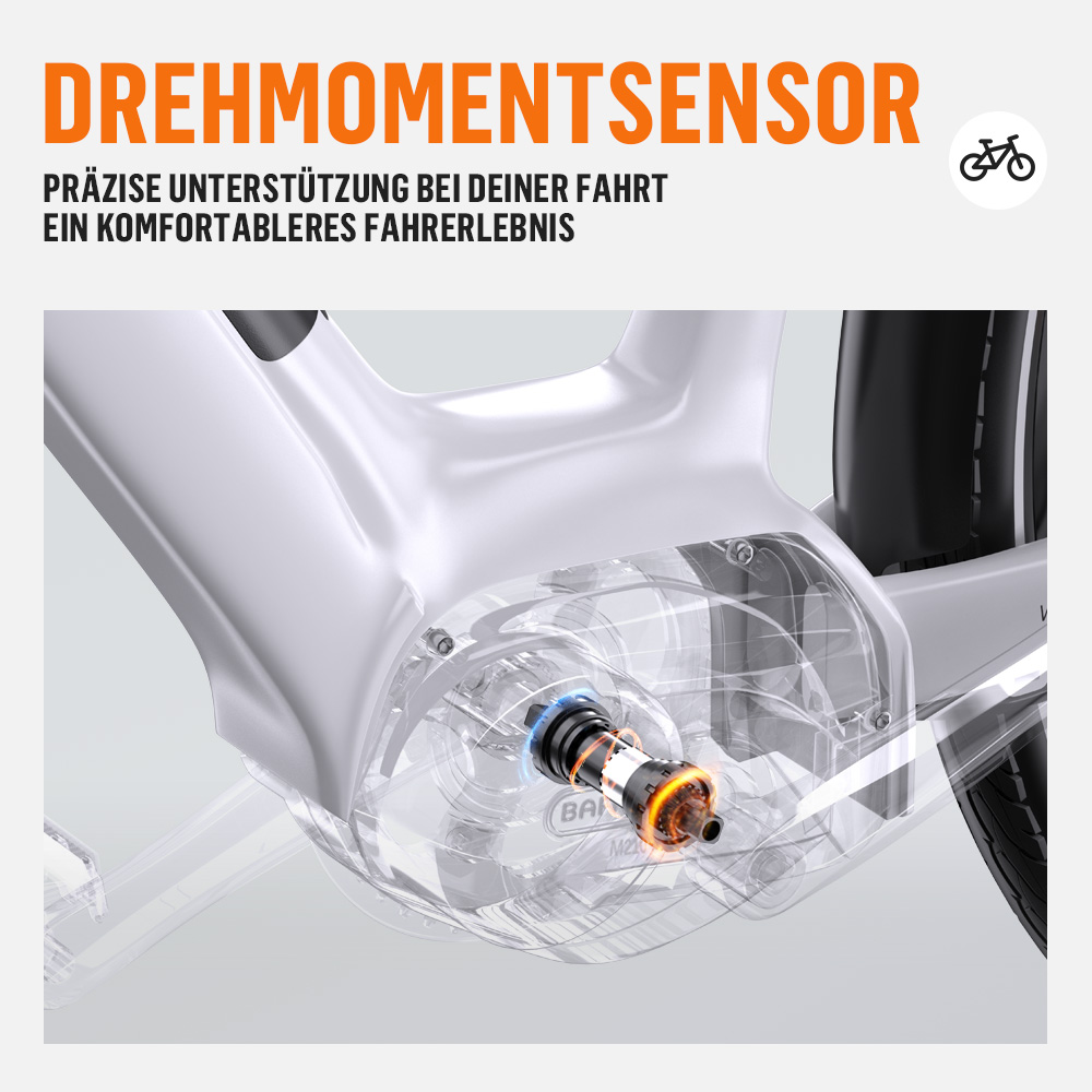 Nahaufnahme eines Fahrrad-Drehmomentsensors in einem transparenten Gehäuse.