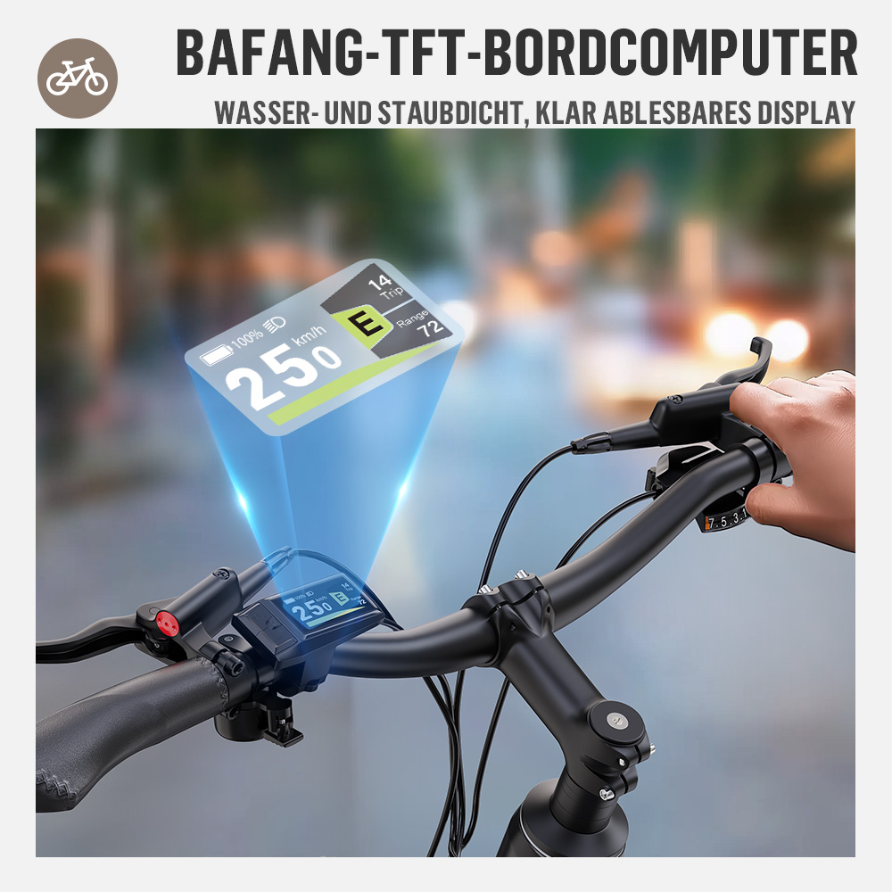 Nahaufnahme des Fahrradlenkers mit einem digitalen Display, das Geschwindigkeit und Reichweite anzeigt.