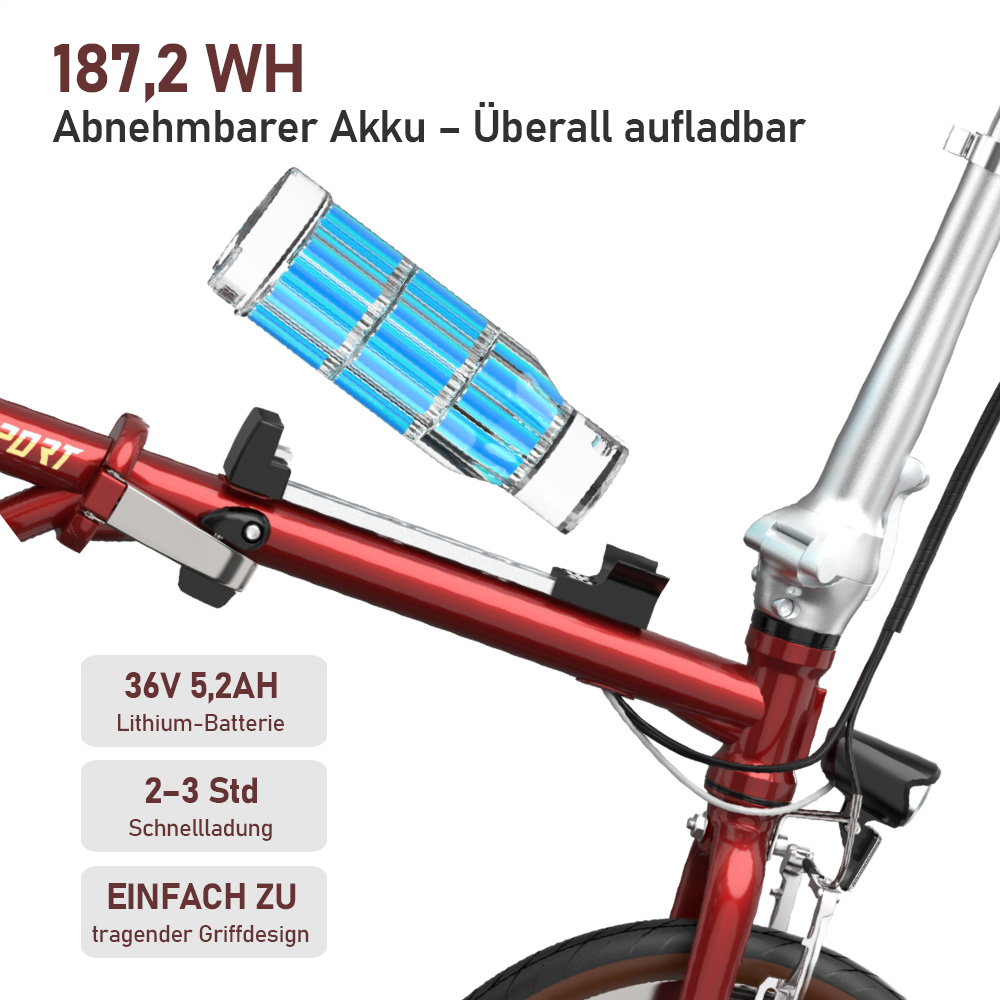 Rotes Fahrrad mit abnehmbarem Akku. 187,2 WH, 36V 5,2AH.