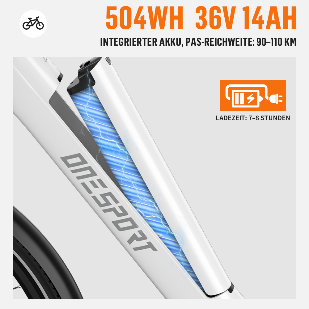 Ein weißes E-Bike mit integriertem Akku, der 504 Wh hat.