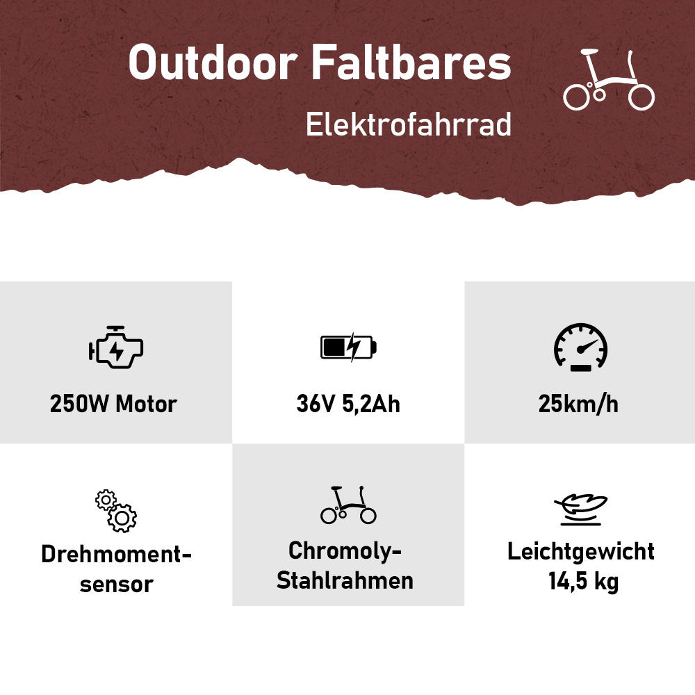 Ein faltbares Elektrofahrrad mit 250W Motor, 36V 5,2Ah Akku, 25km/h.