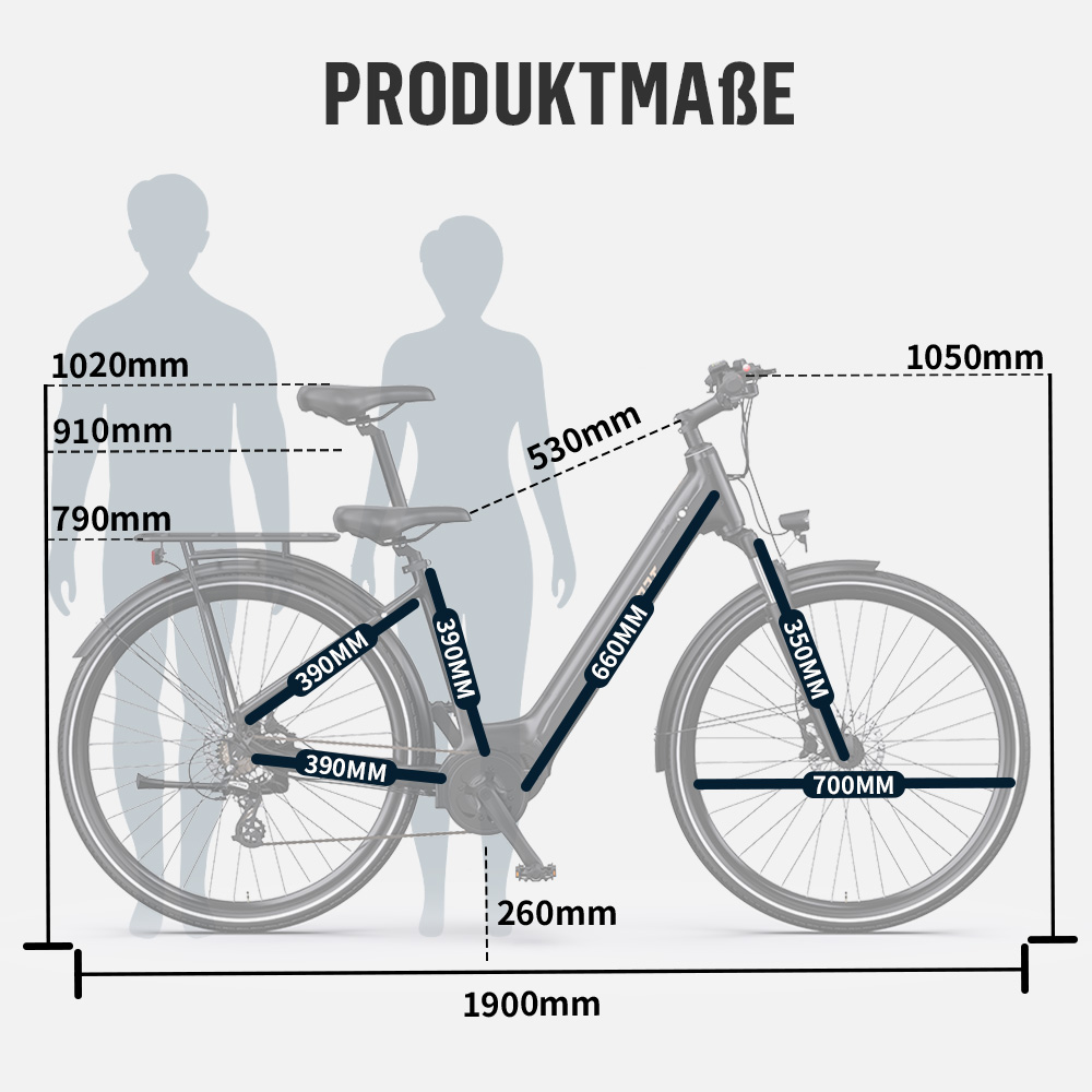 Diagramm mit Maßen eines E-Bikes vor Silhouetten von zwei Personen.
