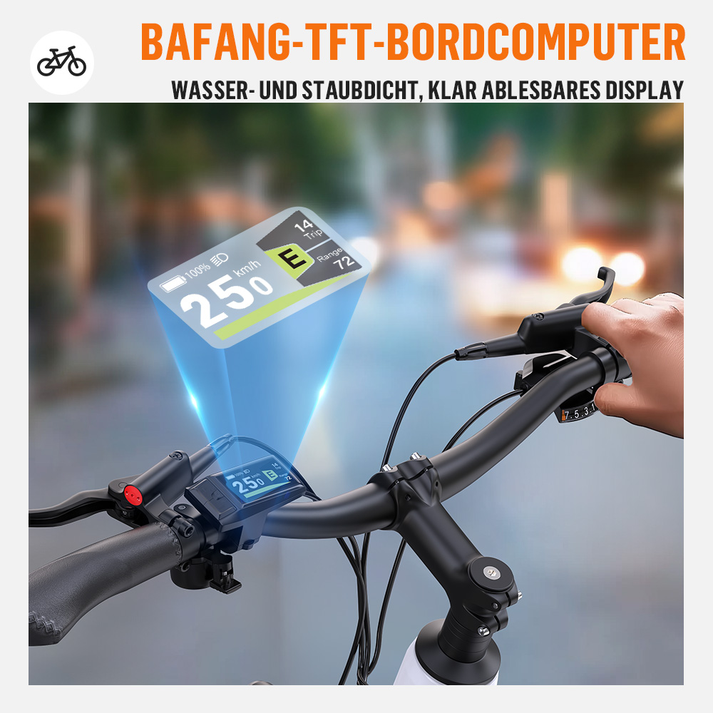 Fahrradlenker mit digitalem Display zeigt 25 km/h, 14 km Reichweite, E-Modus.