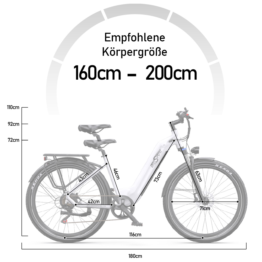 Illustration eines weißen E-Bikes mit Maßen und empfohlener Körpergröße 160-200cm.