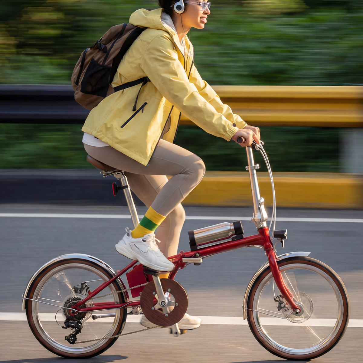 Kobieta z plecakiem jedzie czerwonym rowerem po drodze z zielonymi drzewami w tle.