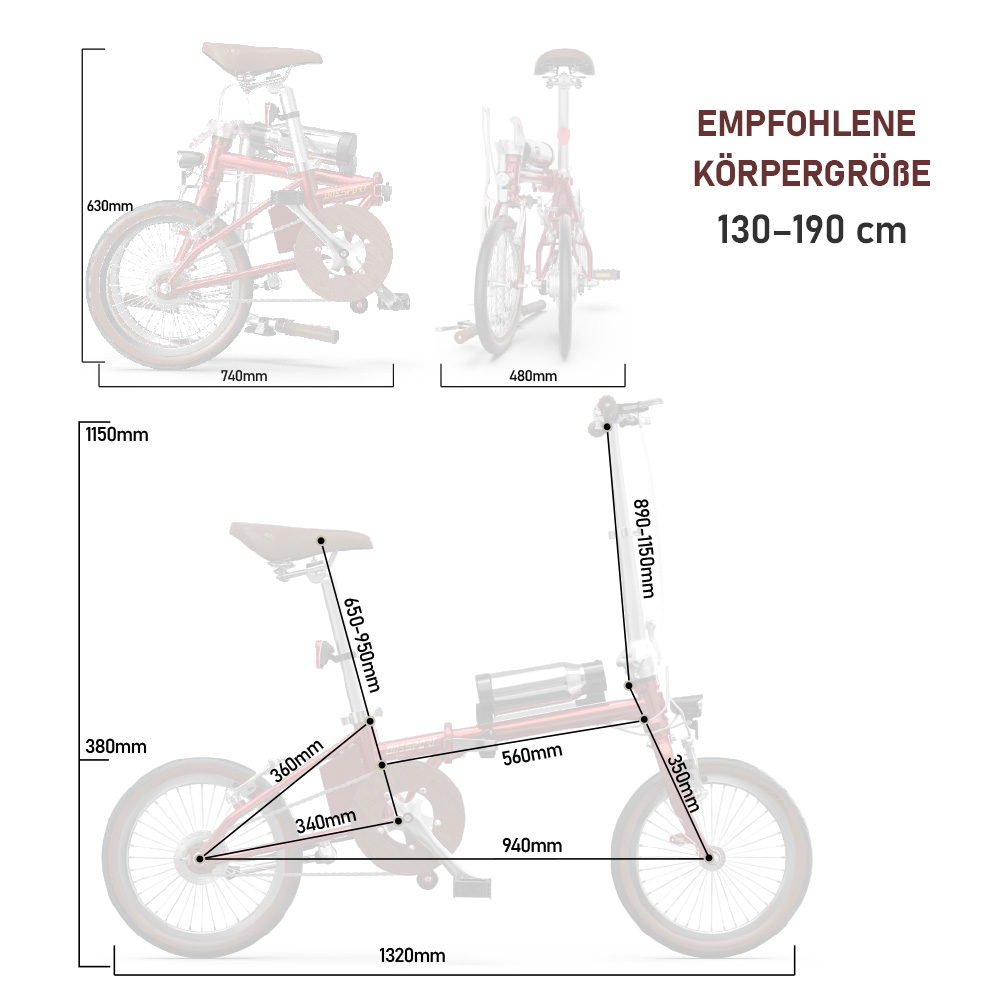 Diagramm eines roten Faltrads mit Maßen und empfohlener Körpergröße.
