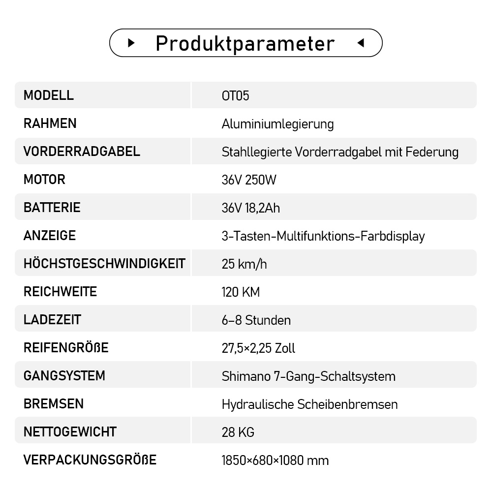 Produktdaten: Modell OT05, Aluminiumrahmen, Federgabel, 250W Motor, 18,2Ah Akku, 25 km/h.