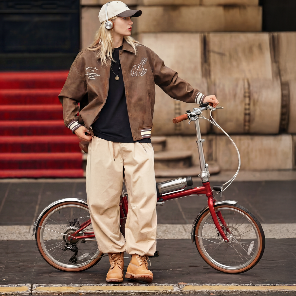 Osoba w brązowej kurtce bomber i beżowych spodniach stoi obok czerwonego roweru składanego.