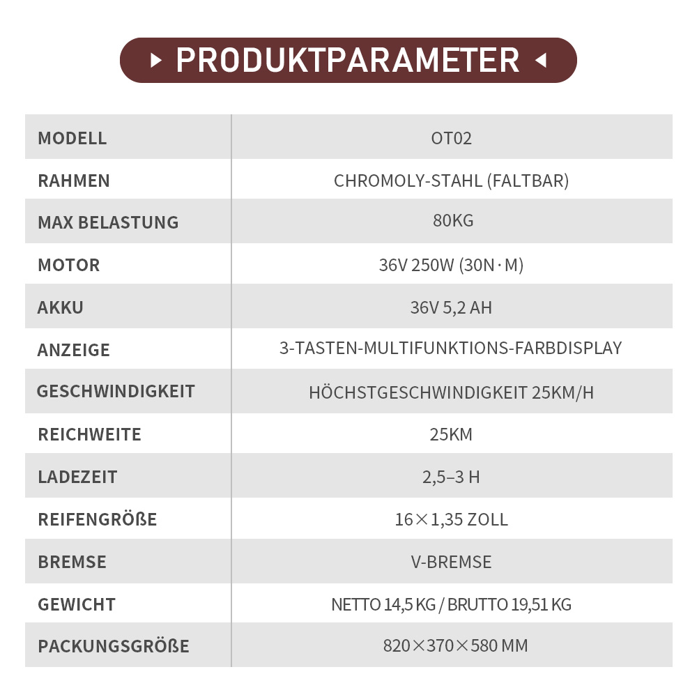 Produktdaten: Modell OT02, Stahlrahmen, 80kg Last, 250W Motor, 25km/h.