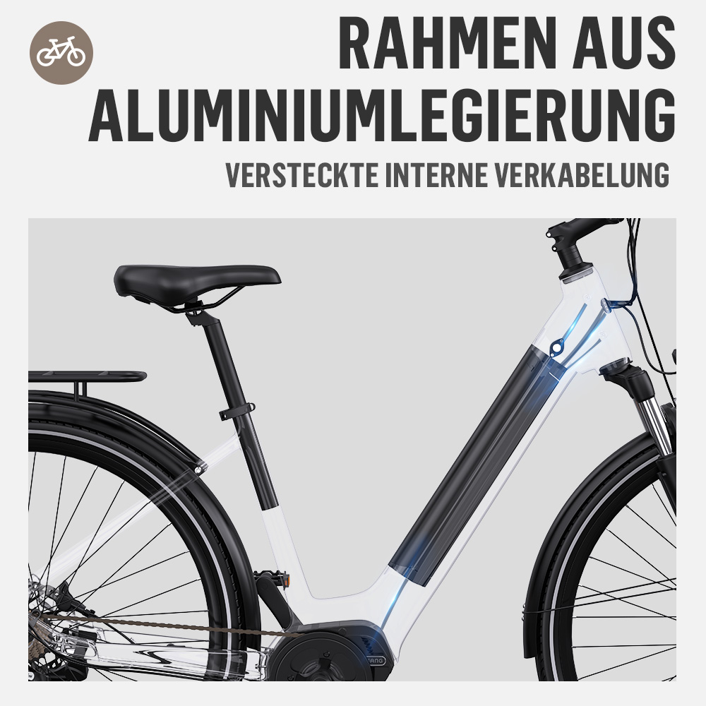 Detailansicht eines weißen Elektrofahrrads mit Aluminiumrahmen und integriertem Akku.
