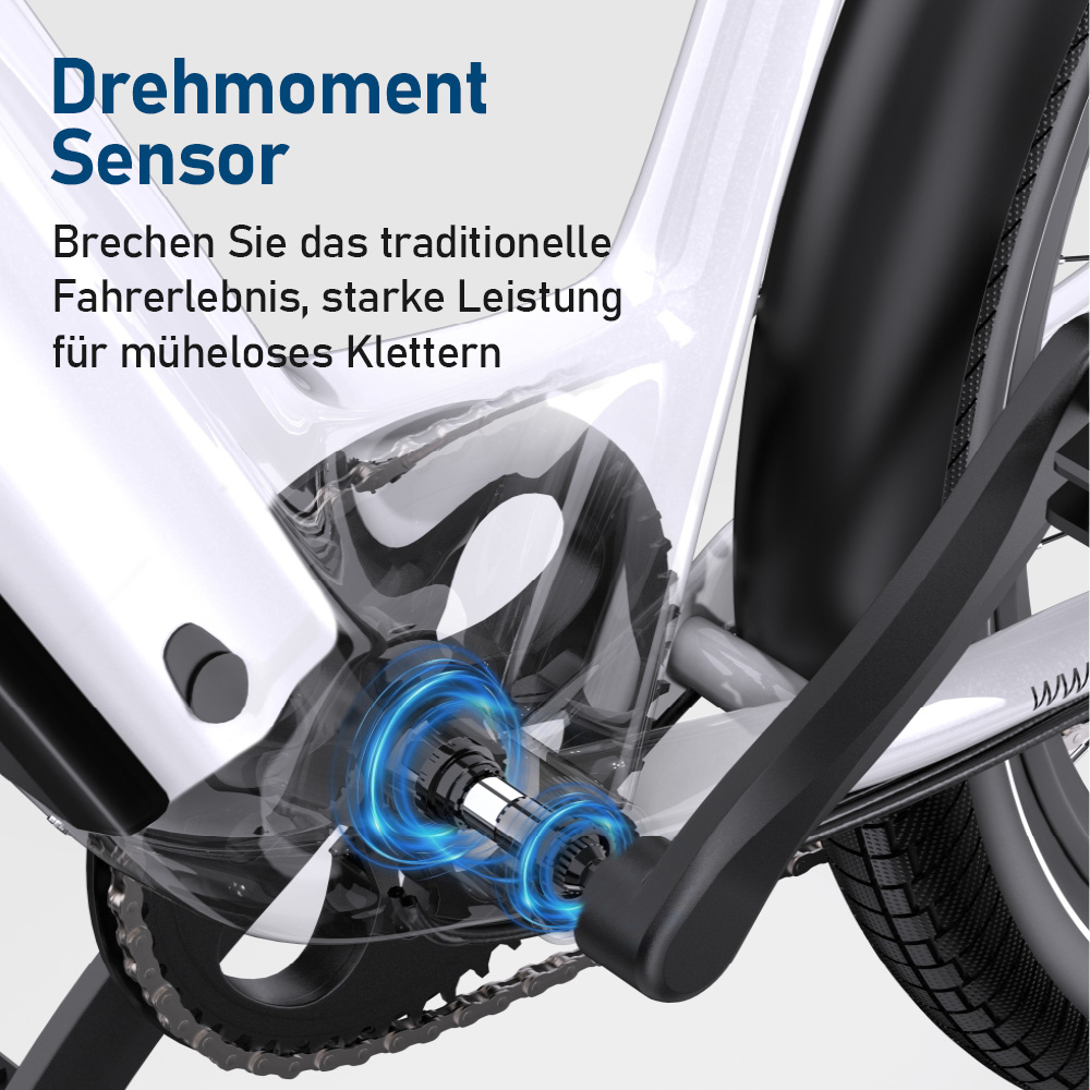 Nahaufnahme eines Fahrrad-Tretlagers mit Drehmomentsensor und blauen Ringen.