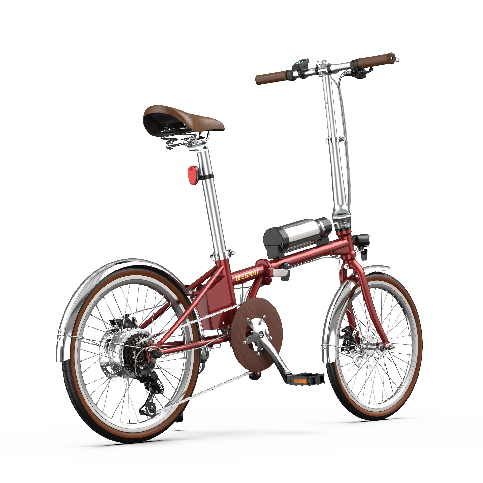 Czerwony rower składany z brązowym siodełkiem, srebrnymi błotnikami i baterią.