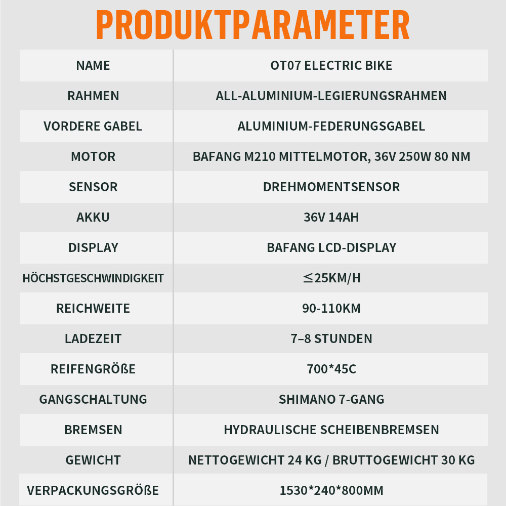 Produktspezifikationen: OT07 E-Bike, Alu-Rahmen, Federgabel, Bafang Motor, 36V 14Ah Akku.