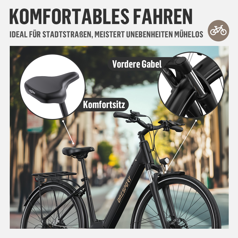 Schwarzes E-Bike mit Komfortsitz und Vorderradgabel, auf städtischer Straße.