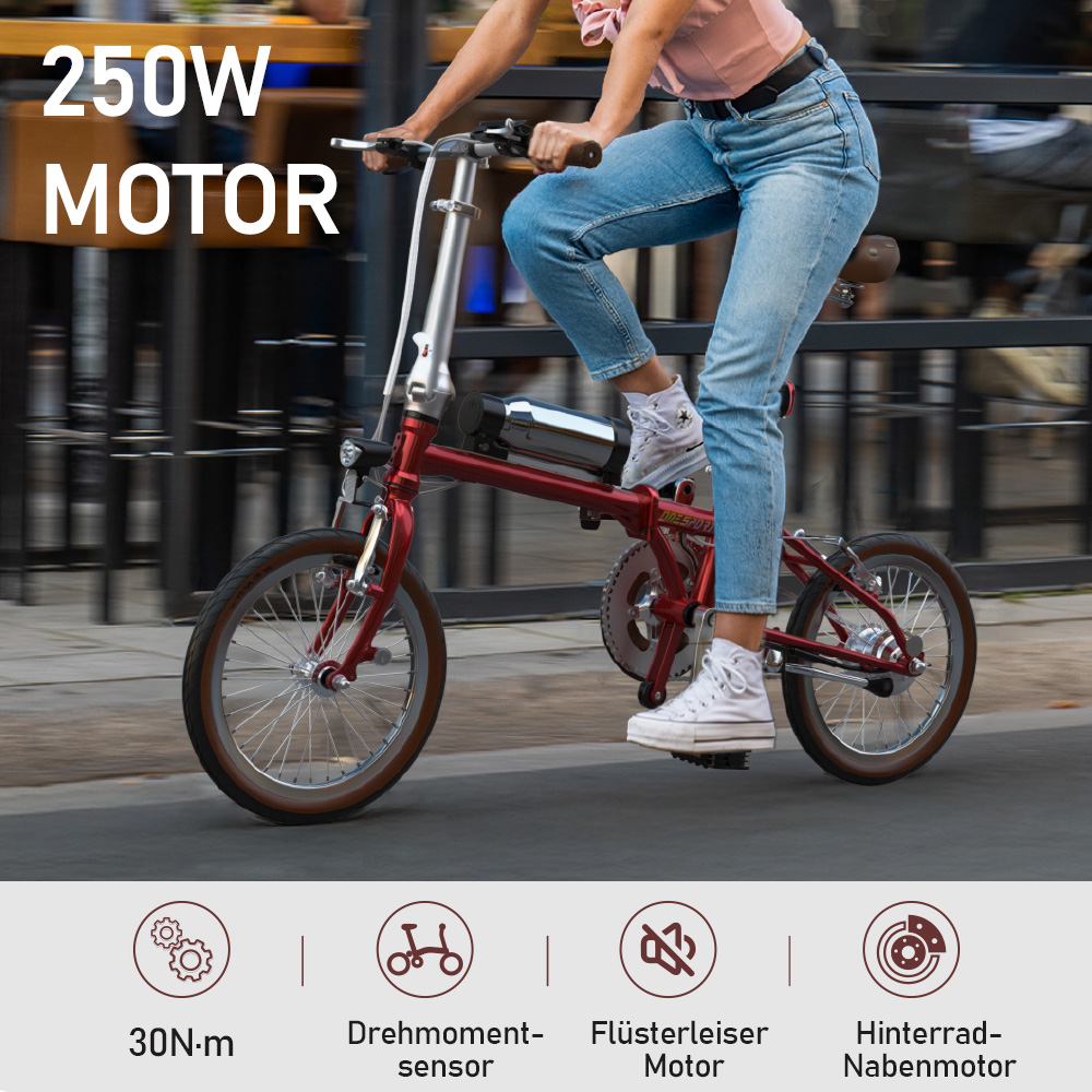 Eine Person fährt ein rotes Faltrad mit 250W Motor auf einer Straße.