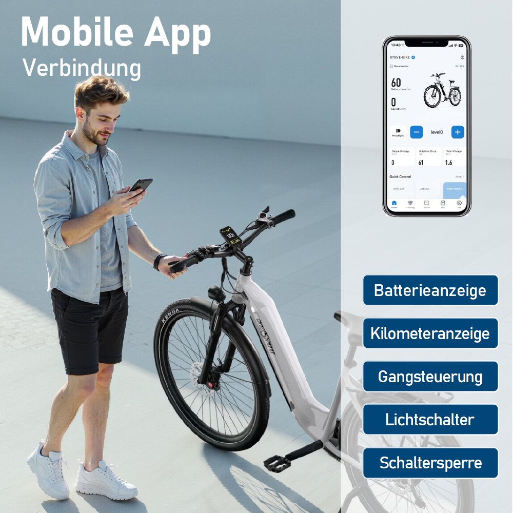 Mann mit Smartphone vor E-Bike. App zeigt Akku, Distanz, Licht, Gang an.
