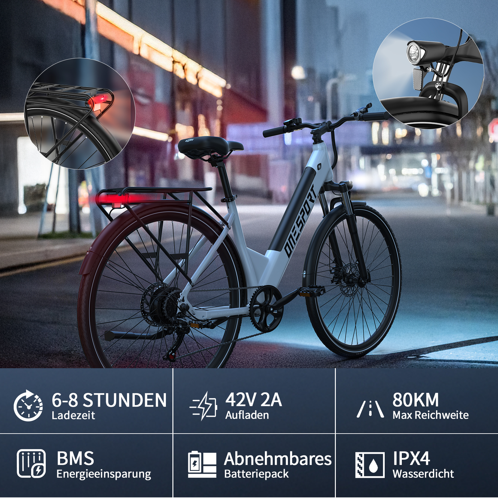 Ein weißes E-Bike steht nachts auf einer Straße mit Lichtern im Hintergrund.