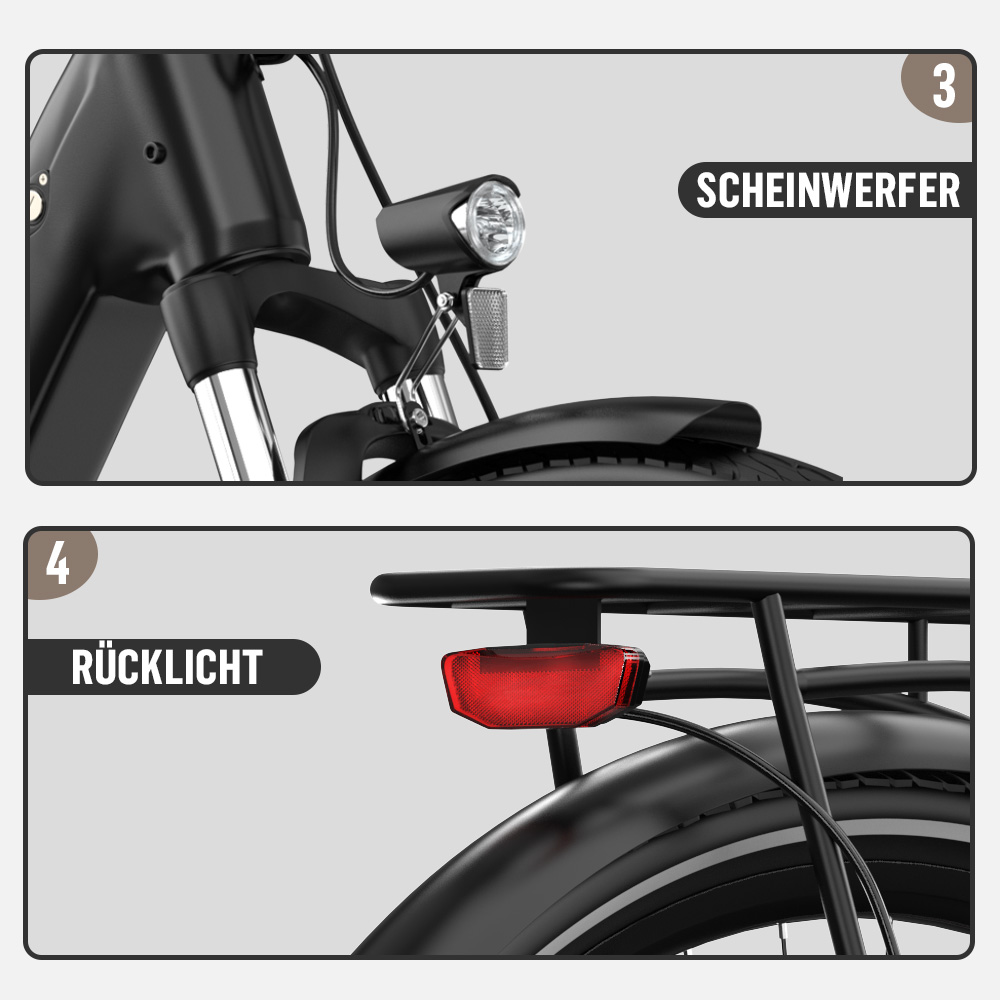 Nahaufnahme des vorderen Scheinwerfers und Rücklichts eines schwarzen Fahrrads.