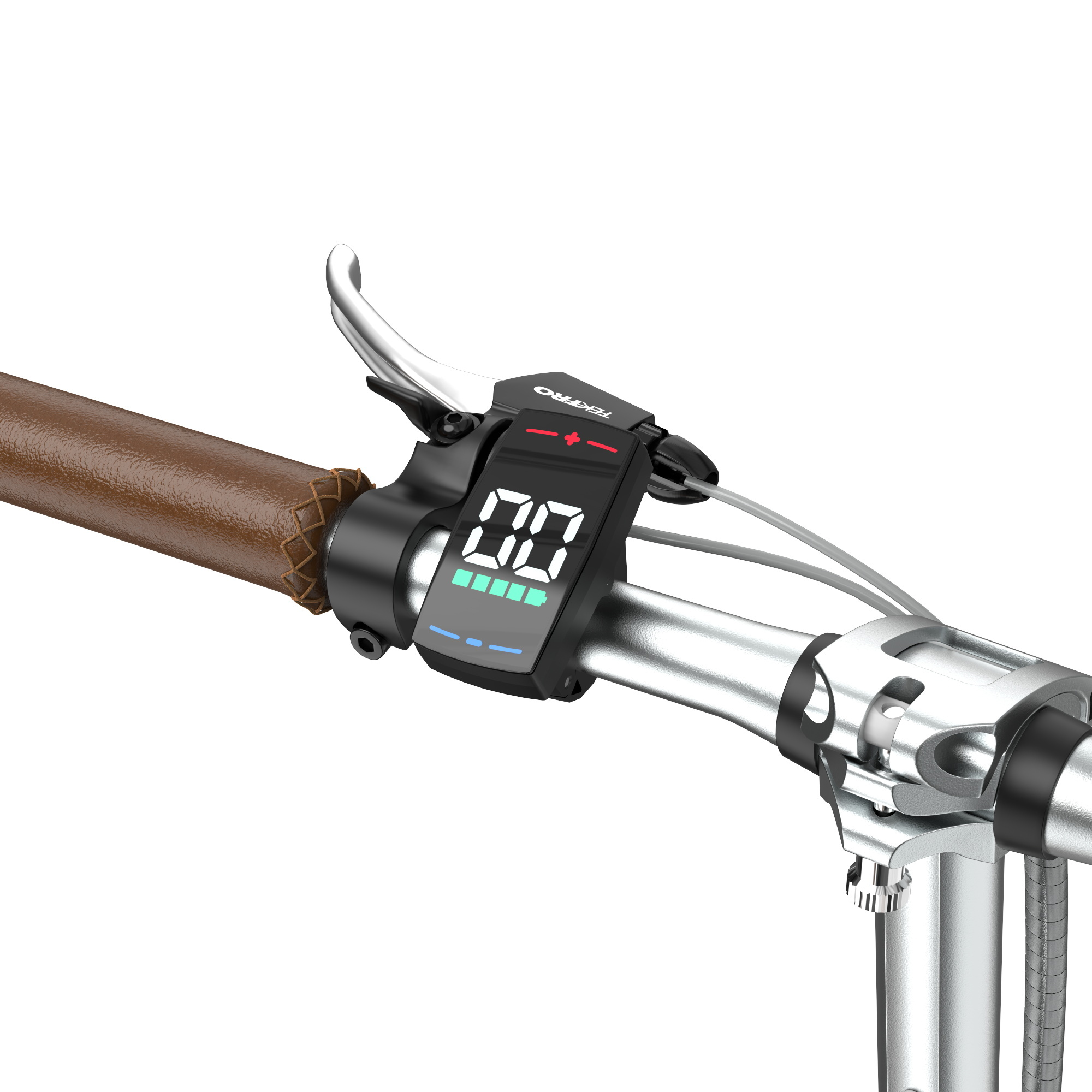 Zbliżenie kierownicy z brązowym uchwytem, wyświetlaczem i klamką hamulca.