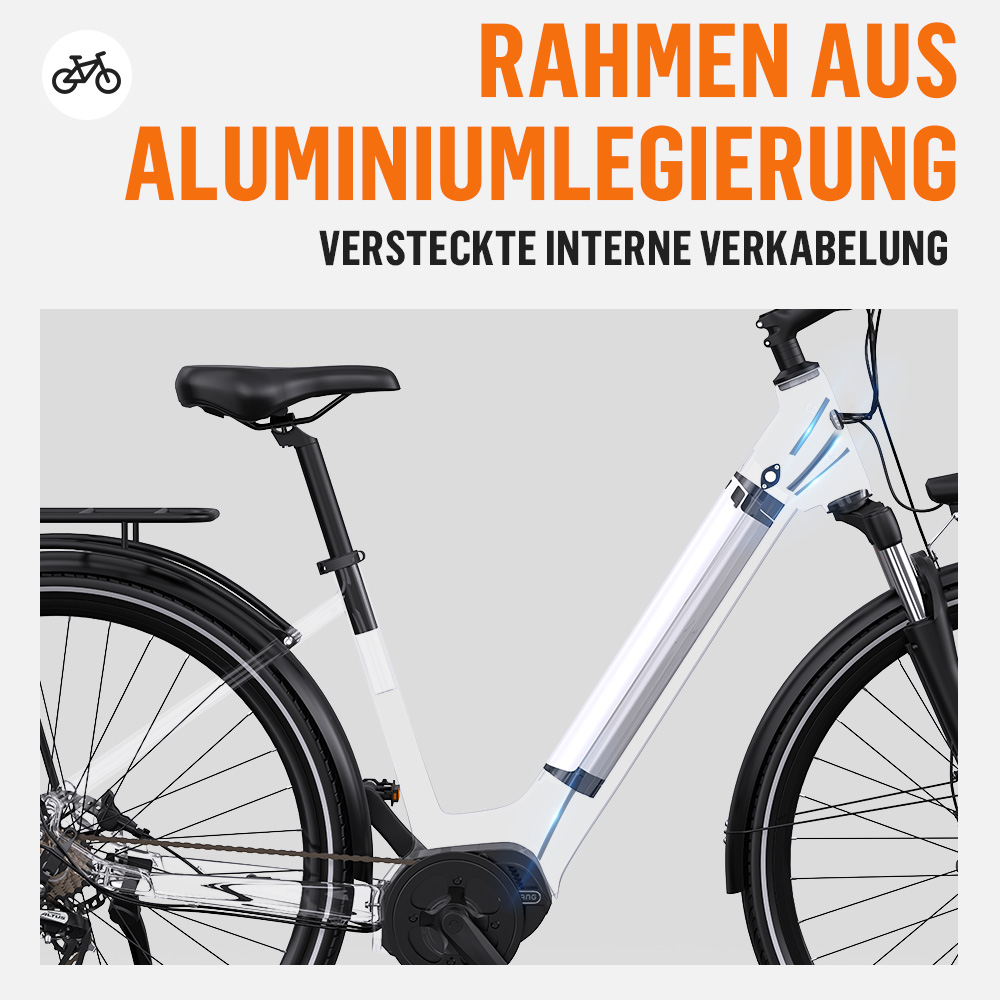 Detailansicht eines weißen Fahrradrahmens aus Aluminiumlegierung mit sichtbarer interner Verkabelung.