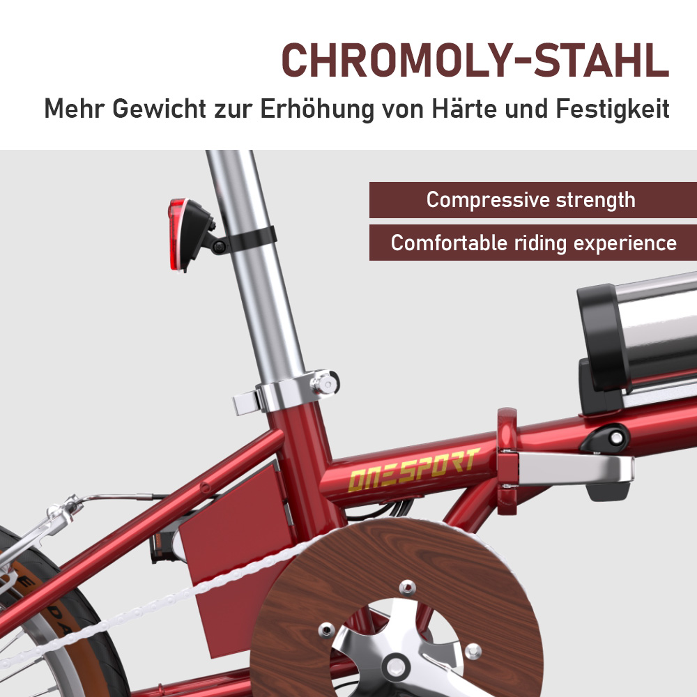 Detailaufnahme eines roten Fahrradrahmens mit Kette, Zahnkranz und Rücklicht.