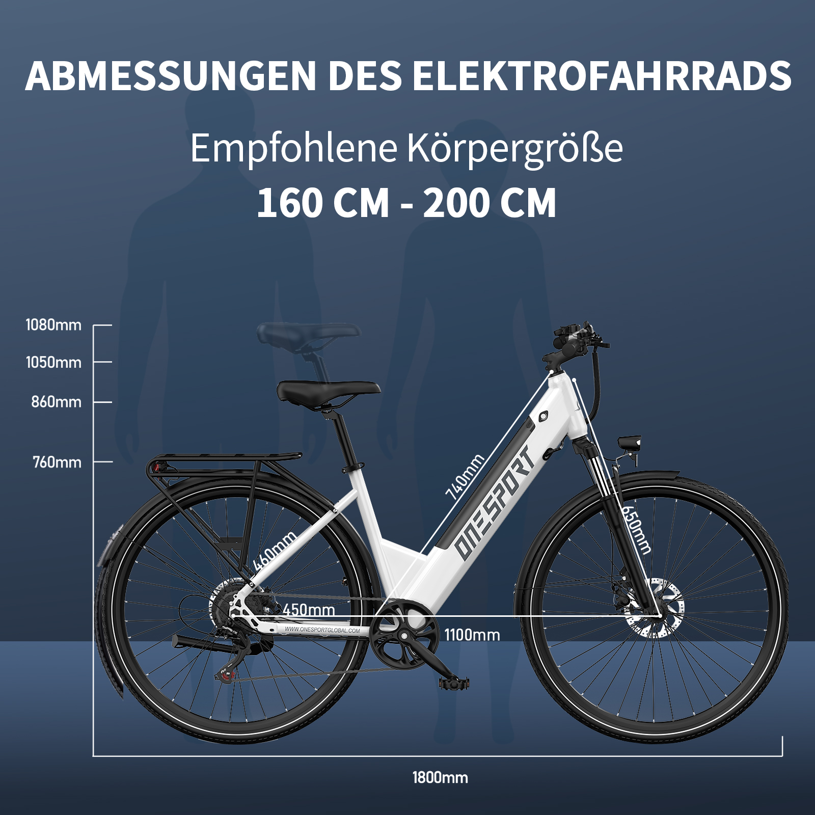 Abmessungen eines weißen E-Bikes mit Maßangaben für Körpergröße und Fahrrad.