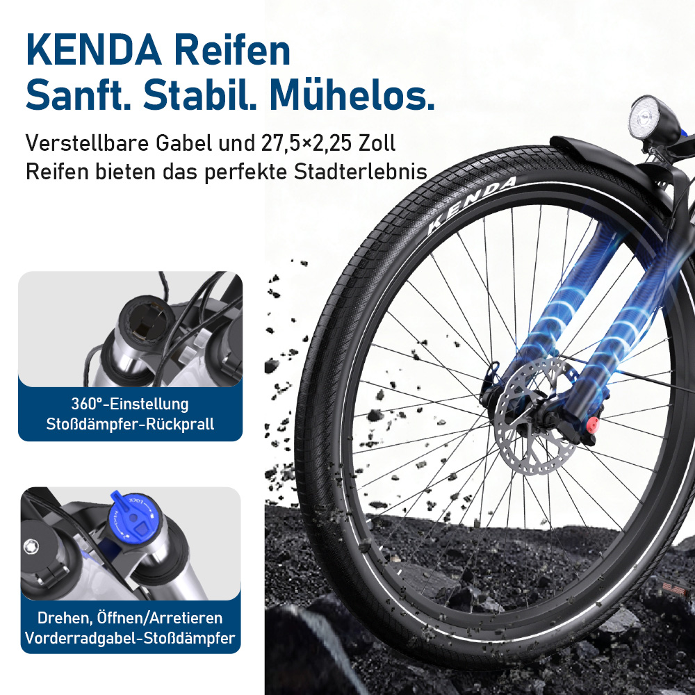 Fahrradgabel und 27,5x2,25 Zoll KENDA Reifen mit Stoßdämpfer.