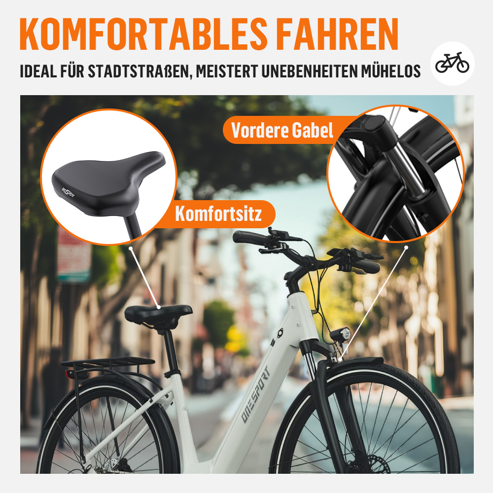 Ein weißes E-Bike mit Fokus auf Komfortsitz und Vorderradgabel, ideal für die Stadt.