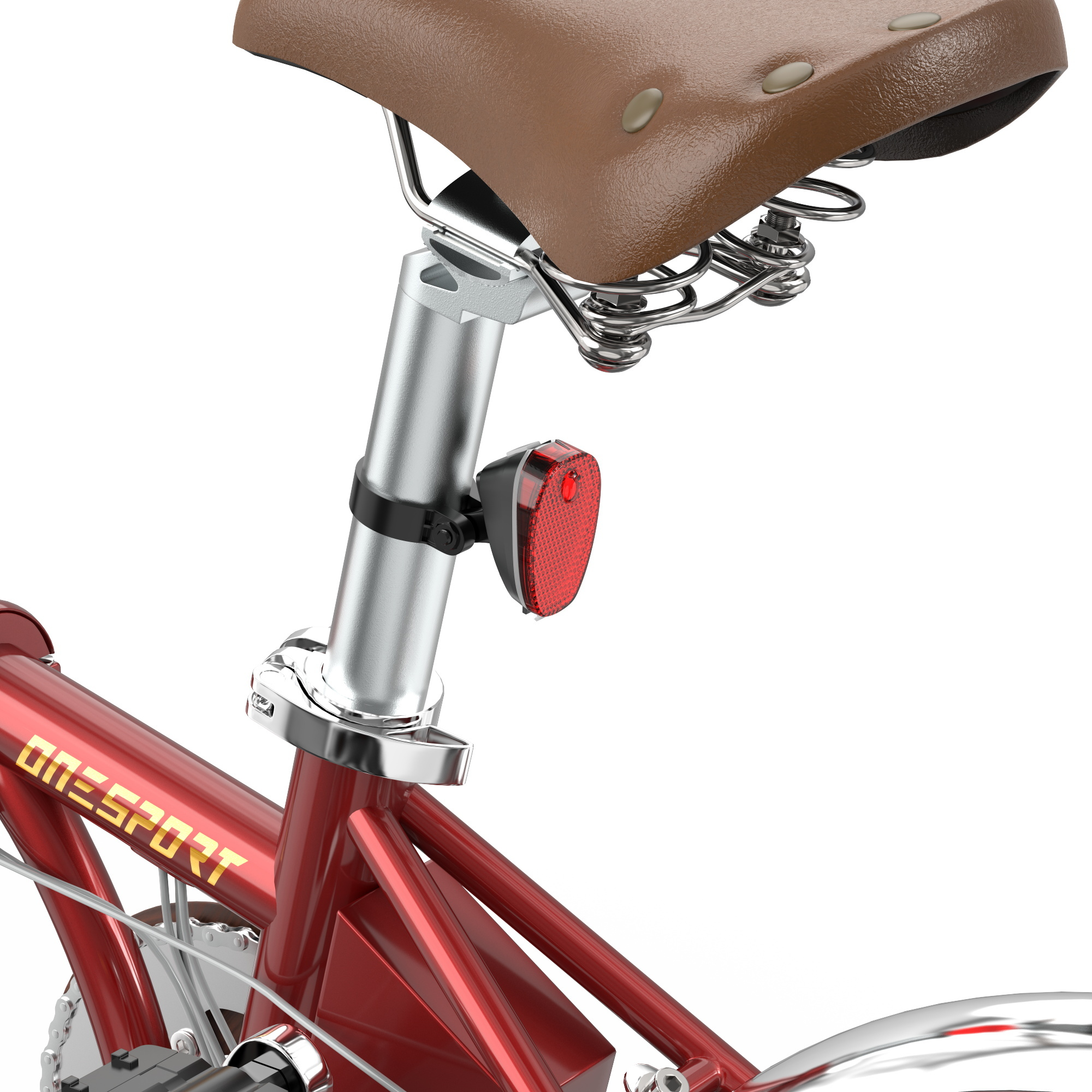 Czerwona rama roweru z brązowym siodełkiem, srebrną sztycą i czerwonym odblaskiem.