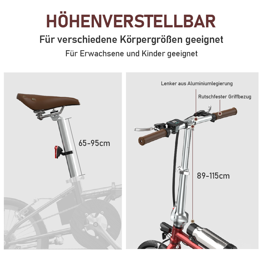 Höhenverstellbare Fahrradteile: Sattel 65-95cm, Lenker 89-115cm.